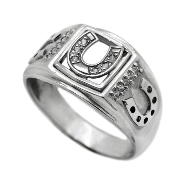 Lucky Horseshoe Mens Ring Signet with Raw Gemstones Sterling Silver