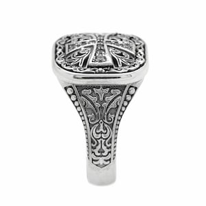 Orthodox Christian men's signet ring available in sterling silver or with a gold cross on top. Antique religious jewelry with engraved inner band. A symbolic gift for men of faith, ideal for baptism, wedding, or spiritual milestones. Inspired by Orthodox and Catholic traditions with personalized engraving options.