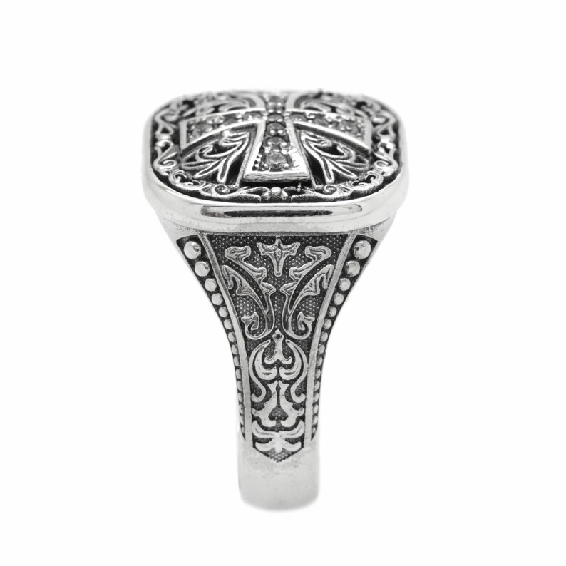 Orthodox Christian men's signet ring available in sterling silver or with a gold cross on top. Antique religious jewelry with engraved inner band. A symbolic gift for men of faith, ideal for baptism, wedding, or spiritual milestones. Inspired by Orthodox and Catholic traditions with personalized engraving options.