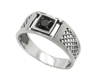 Light Men Ring Silver 925 with Round Black Zircon, Pinky Ring