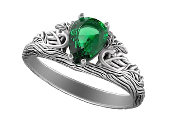 Anillo de plata de ley para mujer con rama de árbol y hoja, topacio verde o granate rojo