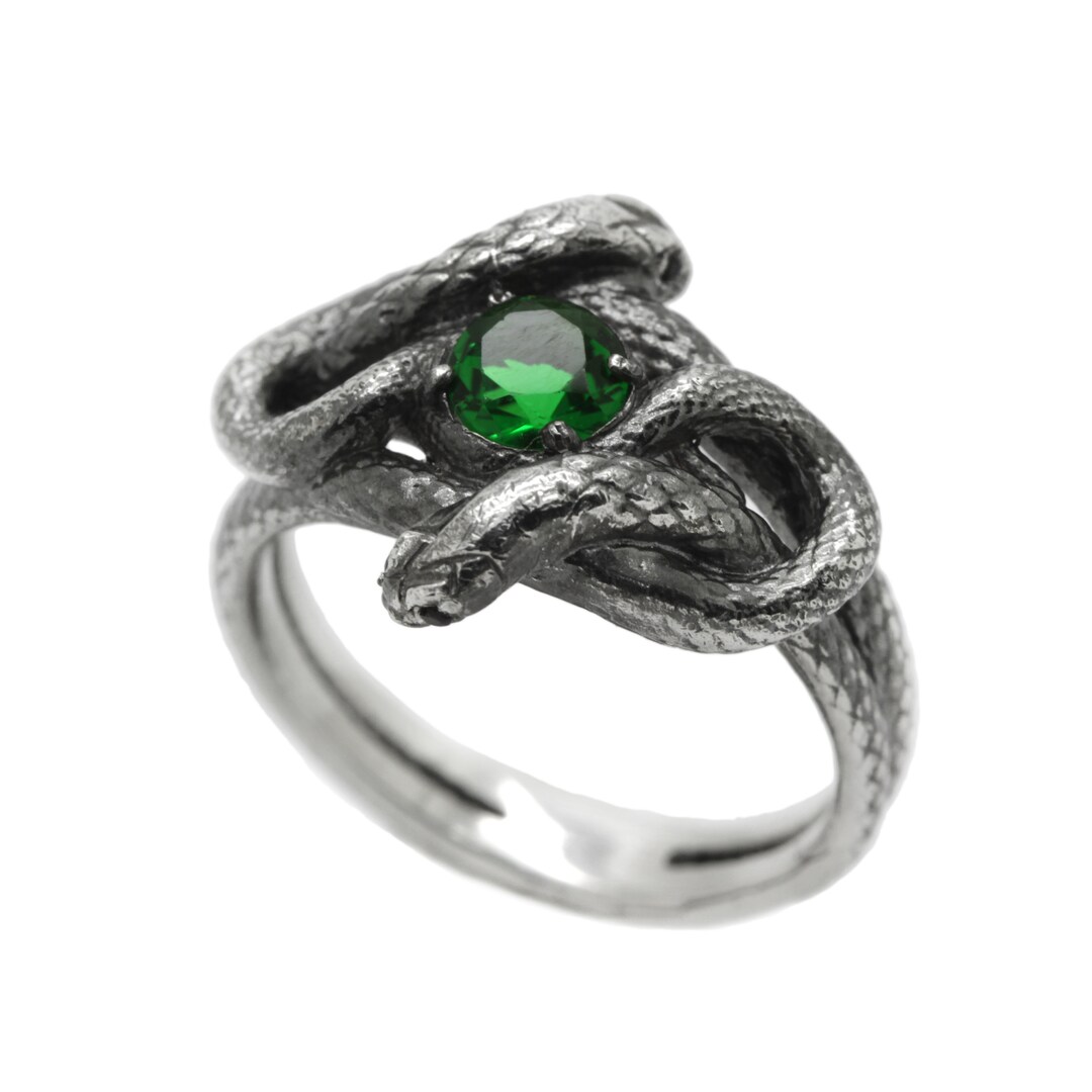 Two Serpents Snake Ring With Green Gemstone, Women Sterling Silver Ring ...