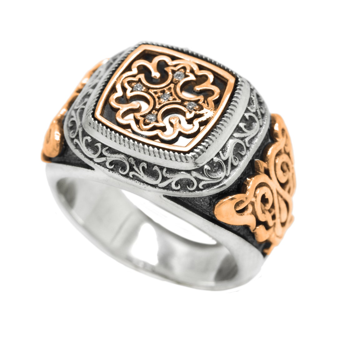 Gold Signet Pattern Christian Ring, Mens Signet Ring, Sterling Silver ...