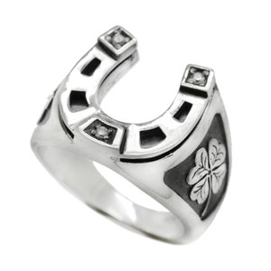 Lucky Horseshoe Ring – Sterling Silver Four Leaf Clover Signet Ring, Good Luck Talisman, Men’s Lucky Jewelry, Irish Gift for Him