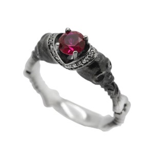 Ruby Round Gem Sterling Silver Gothic Skull Engagement Ring, Skull Wedding ring, Skeleton Simple Ring
