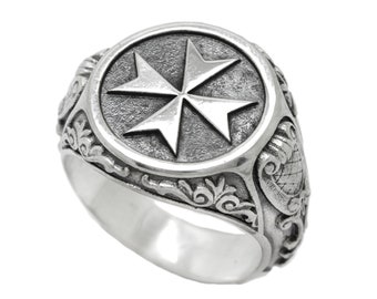 Maltese Cross Knights Hospitaller Sterling Silver Mens Ring Signet