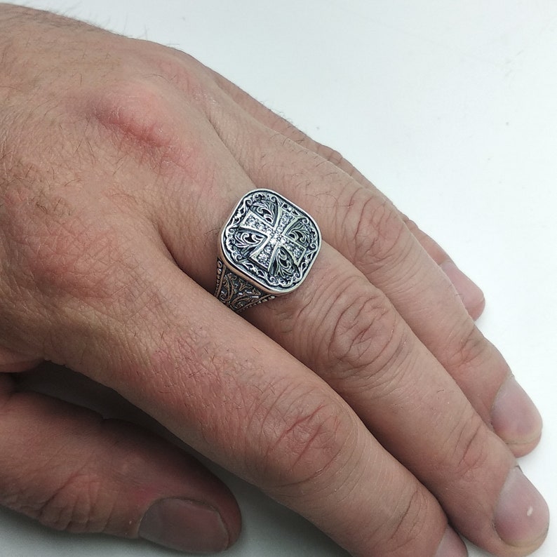 Orthodox Christian men's signet ring available in sterling silver or with a gold cross on top. Antique religious jewelry with engraved inner band. A symbolic gift for men of faith, ideal for baptism, wedding, or spiritual milestones. Inspired by Orthodox and Catholic traditions with personalized engraving options.