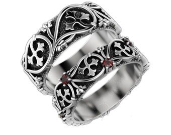 Anillos de compromiso góticos para hombre y mujer: auténtica piedra preciosa de granate rojo, alianzas de plata de ley 925, estilo vintage.