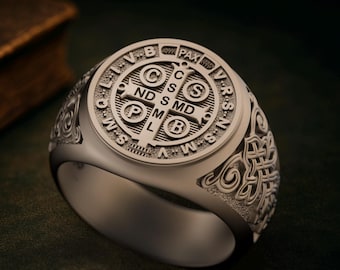 Saint Benedict Mens Ring, Saint Cross Ring, Exorcism Ring, Sterling Silver Mens Signet Ring, St Benedict Christian Mens Catholic Jewelry