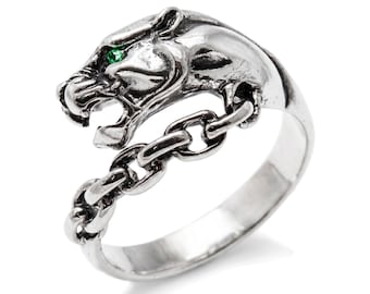 Anillo de pantera con ojo verde y cadena