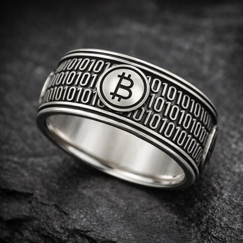 Sterling silver 925 bitcoin ring with blackened finish, wide band crypto ring featuring binary code and bitcoin symbol