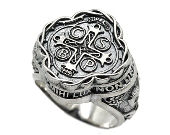 Saint Benedict Exorcism Ring – Catholic Signet Ring for Men & Women – Sterling Silver Religious Jewelry Gift