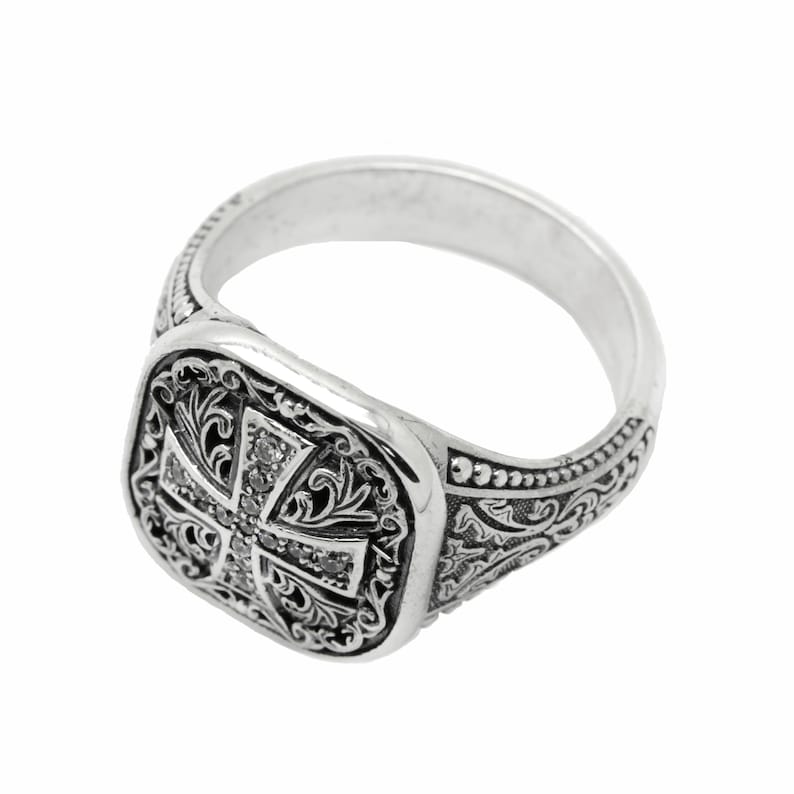 Orthodox Christian men's signet ring available in sterling silver or with a gold cross on top. Antique religious jewelry with engraved inner band. A symbolic gift for men of faith, ideal for baptism, wedding, or spiritual milestones. Inspired by Orthodox and Catholic traditions with personalized engraving options.