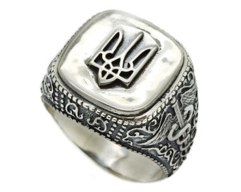Ukrainian Trident Tryzub Symbol Mens Signet Silver 925