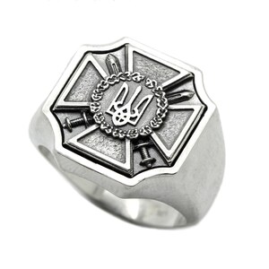 Ukrainian Security Service Ring, Swords and Cross Coat of Arms,  925 Sterling Silver