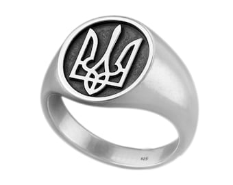 Ukrainian Tryzub Mens Silver Ring, Round Top Signet – Sterling Silver Trident Ukrainian Symbol – Patriotic Ukraine Heritage Jewelry