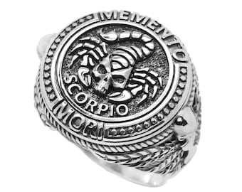 Scorpio Memento Mori, Zodiac Skull Ring, Sterling Silver 925