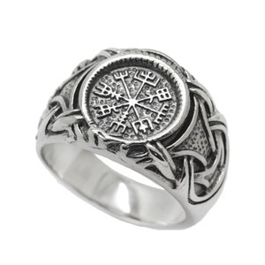 Anillo vikingo con brújula rúnica Vegvisir, joyería nórdica, anillo de sello de plata de ley para hombre