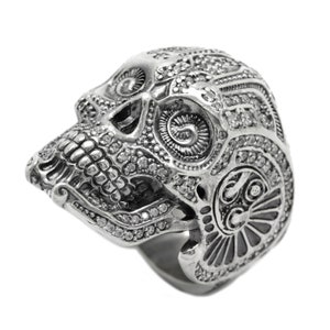 Glamour Gothic Steampunk Skull Ring - Mens Signet Ring - Sterling Silver 925 with Gemstones