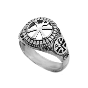 Chi Rho Ring - Sterling Silver Christian Ring for Men, Religious Amulet Jewelry, Protection Ring with Jesus Christ Symbol, Gift of Faith