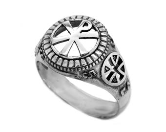 Chi Rho Ring - Sterling Silver Christian Ring for Men, Religious Amulet Jewelry, Protection Ring with Jesus Christ Symbol, Gift of Faith