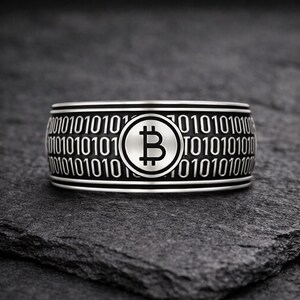 Sterling silver 925 bitcoin ring with blackened finish, wide band crypto ring featuring binary code and bitcoin symbol