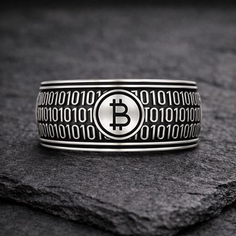 Sterling silver 925 bitcoin ring with blackened finish, wide band crypto ring featuring binary code and bitcoin symbol