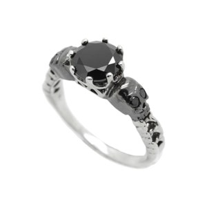 Black Round Gem Sterling Silver Gothic Skull Engagement Ring, Skull Wedding ring, Skull Ring Women