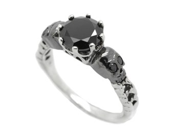 Black Round Gem Sterling Silver Gothic Skull Engagement Ring, Skull Wedding ring, Skeleton Simple Ring