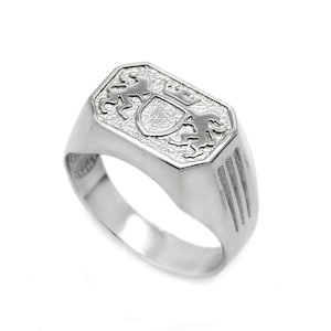 Two Royal Lions and Shield Men&#39;s Ring Signet Silver 925