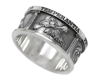 Cuatro virtudes cardinales, anillo de banda teológica, anillo oculto, regalo de abogado, anillo estoico de plata de ley