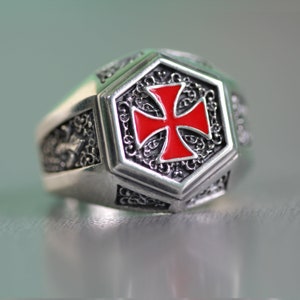 Knights Templar Ring, the Order of Solomon Temple Signet With Cross Red ...
