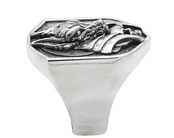 Anello Uomo In Argento Sterling 925, 20g, Tema Egizio Anubi, Fatto A Mano, Autentico