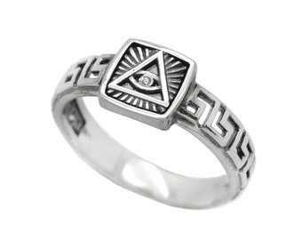 All Seeing Eye Providence Masonic Freemasonry Men's Ring Silver 925