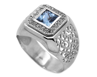 Square Top Blue Aquamarine Color Zircon Men's Ring Stering Silver 925