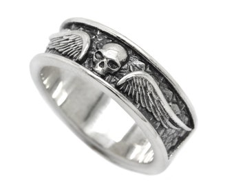 Skull and Angels Wings, Engagement Ring, Band Pinky Ring, Sterling Silver Ring