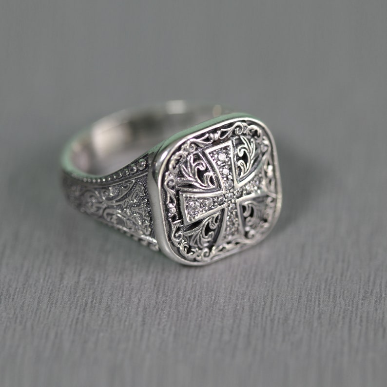 Byzantine Medieval Cross Mens Ring with Pattern Sterling Silver 925 11
