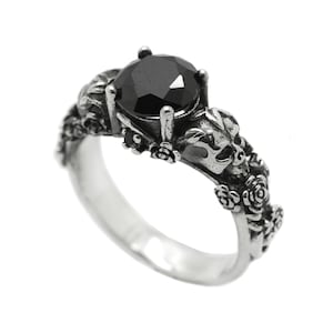 Gothic Schädel und Rosen, schwarzer runder Edelstein, Skelett Sterling Silber Ring, Schädel Ring Frauen