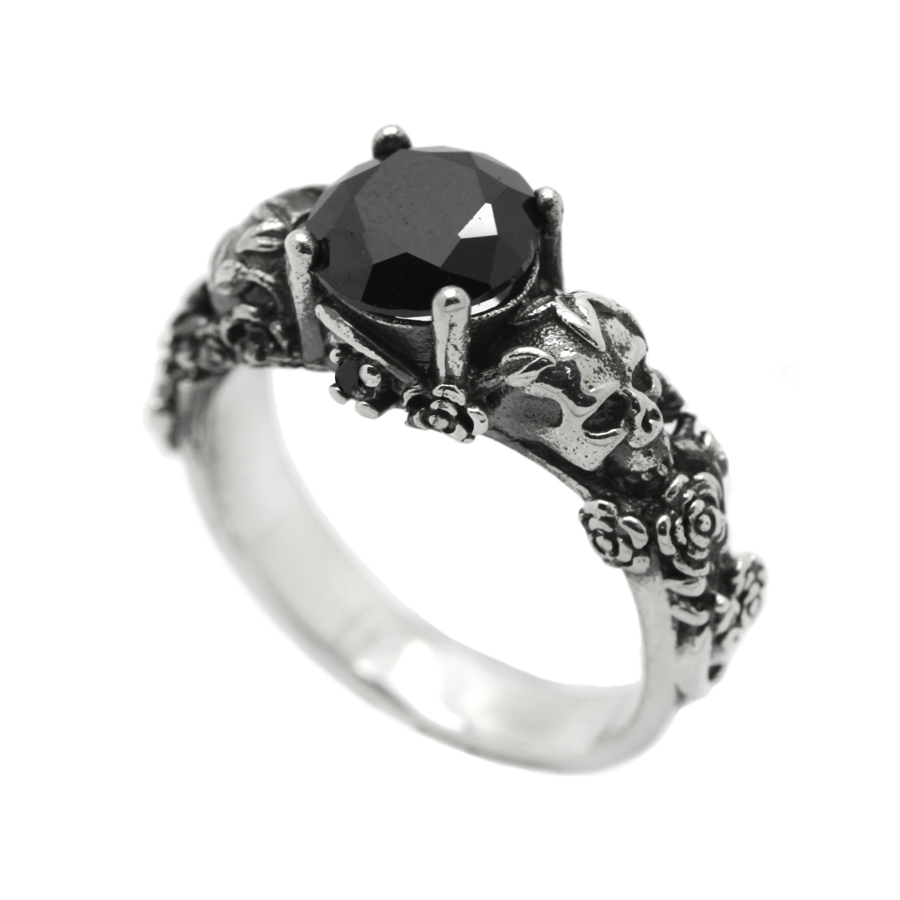 Gothic Skull and Roses Black Round Gemstone Skeleton Sterling