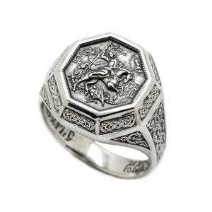 Orthodox Saint George Mens Signet Ring – Greek Style Religious Ring – Octagonal Christian Jewelry – Handmade Personalized Faith Ring for Men