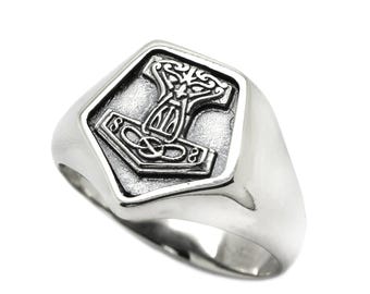 Mjolnir Viking Mens Signet Ring • Norse Pagan Jewelry • Celtic Sterling Silver Mens Pinky Ring