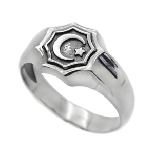 Ring islamsymbool • Ring halve maan en ster • Moslimsieraden voor mannen • Sterlingzilveren islamitische ring • Ring halve maan en ster Cadeau voor hem