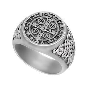 Saint Benedict Mens Ring, Saint Cross Ring, Exorcism Ring, Sterling Silver Mens Signet Ring, St Benedict Christian Mens Catholic Jewelry