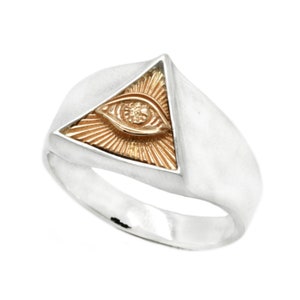 Evil Eye Ring, Masonic Mens Signet Ring,  All Seeing Eye Triangle, Sterling Silver and Gold 14k