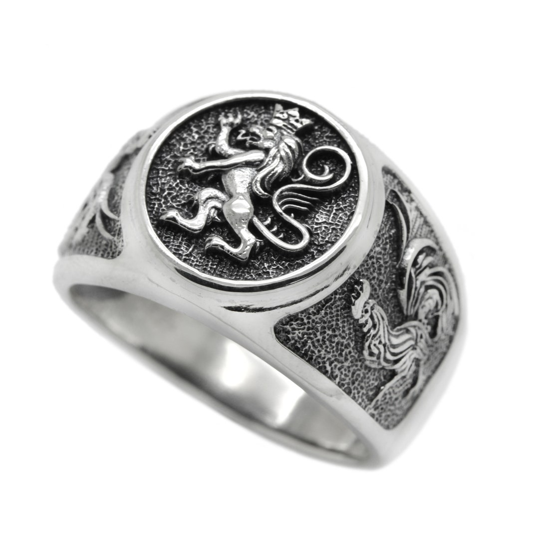 Lion and Roosters Coat of Arms Silver 925 Mens Ring Etsy