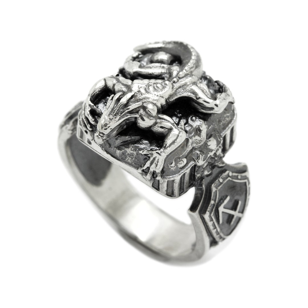 Salamander Talisman Sagittarius Zodiac Symbol Men's Ring Sterling
