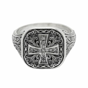 Orthodox Christian men's signet ring available in sterling silver or with a gold cross on top. Antique religious jewelry with engraved inner band. A symbolic gift for men of faith, ideal for baptism, wedding, or spiritual milestones. Inspired by Orthodox and Catholic traditions with personalized engraving options.
