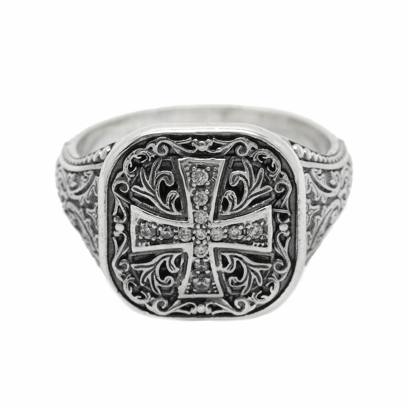 Orthodox Christian men's signet ring available in sterling silver or with a gold cross on top. Antique religious jewelry with engraved inner band. A symbolic gift for men of faith, ideal for baptism, wedding, or spiritual milestones. Inspired by Orthodox and Catholic traditions with personalized engraving options.