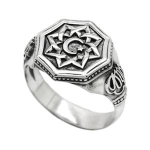 Islamic Symbol Star and Crescent Moon Mens Signet Silver Ring