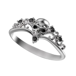 Black Zirconia Skull Ring: Gothic Sterling Silver 925 Engagement Ring